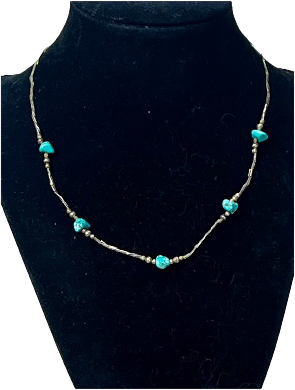 VTG Native American Sterling Silver 925 Turquoise Nugget Bead Station Necklace
